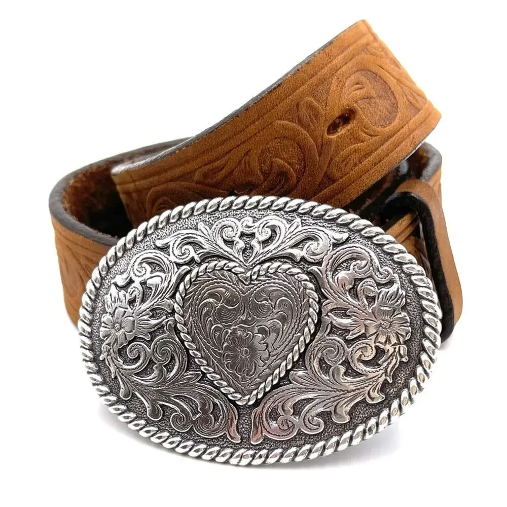 JUSTIN Western kids brown leather belt heart details on metal buckle size XS